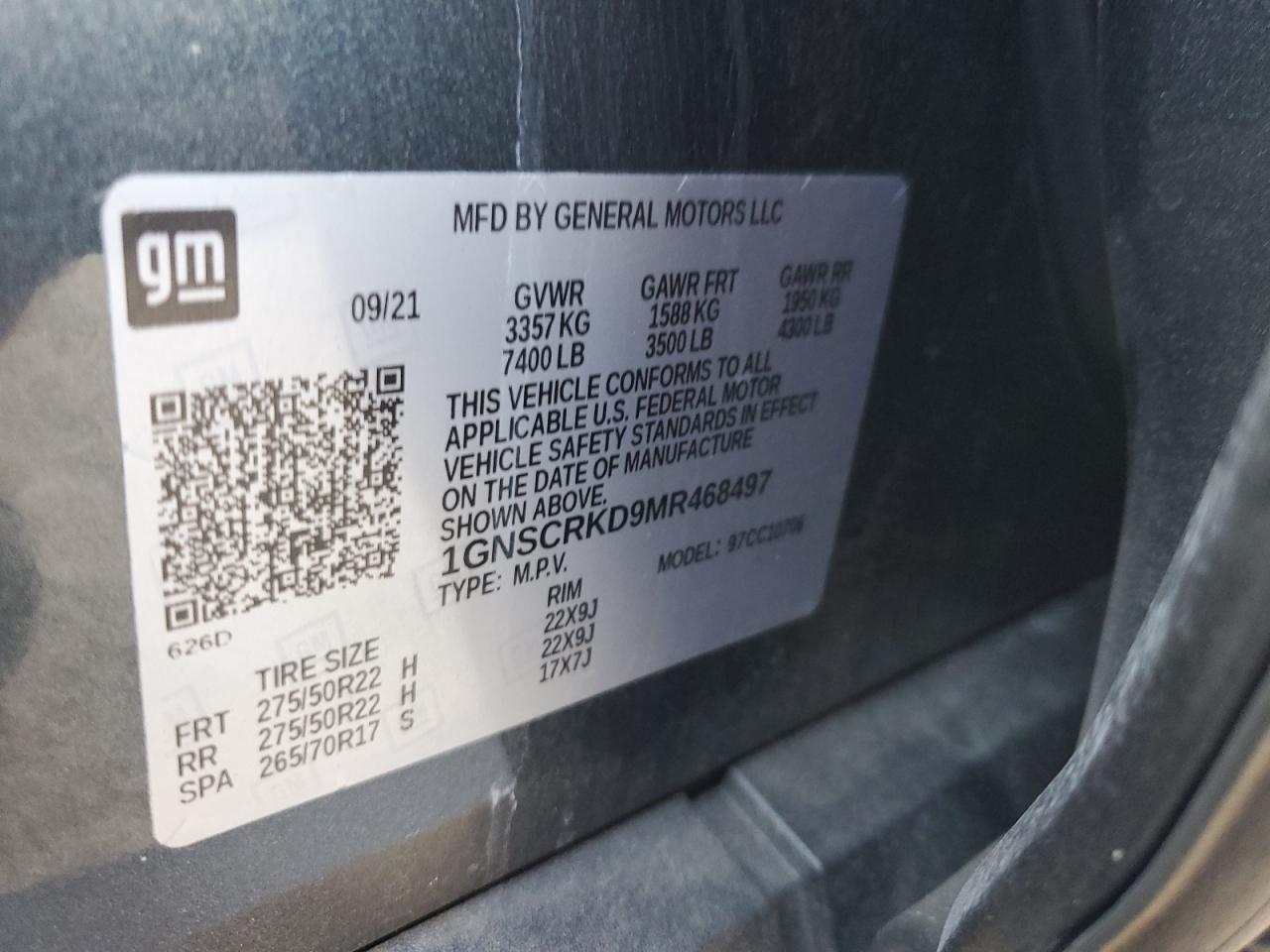 2021 Chevrolet Tahoe C1500 Rst VIN: 1GNSCRKD9MR468497 Lot: 81042765