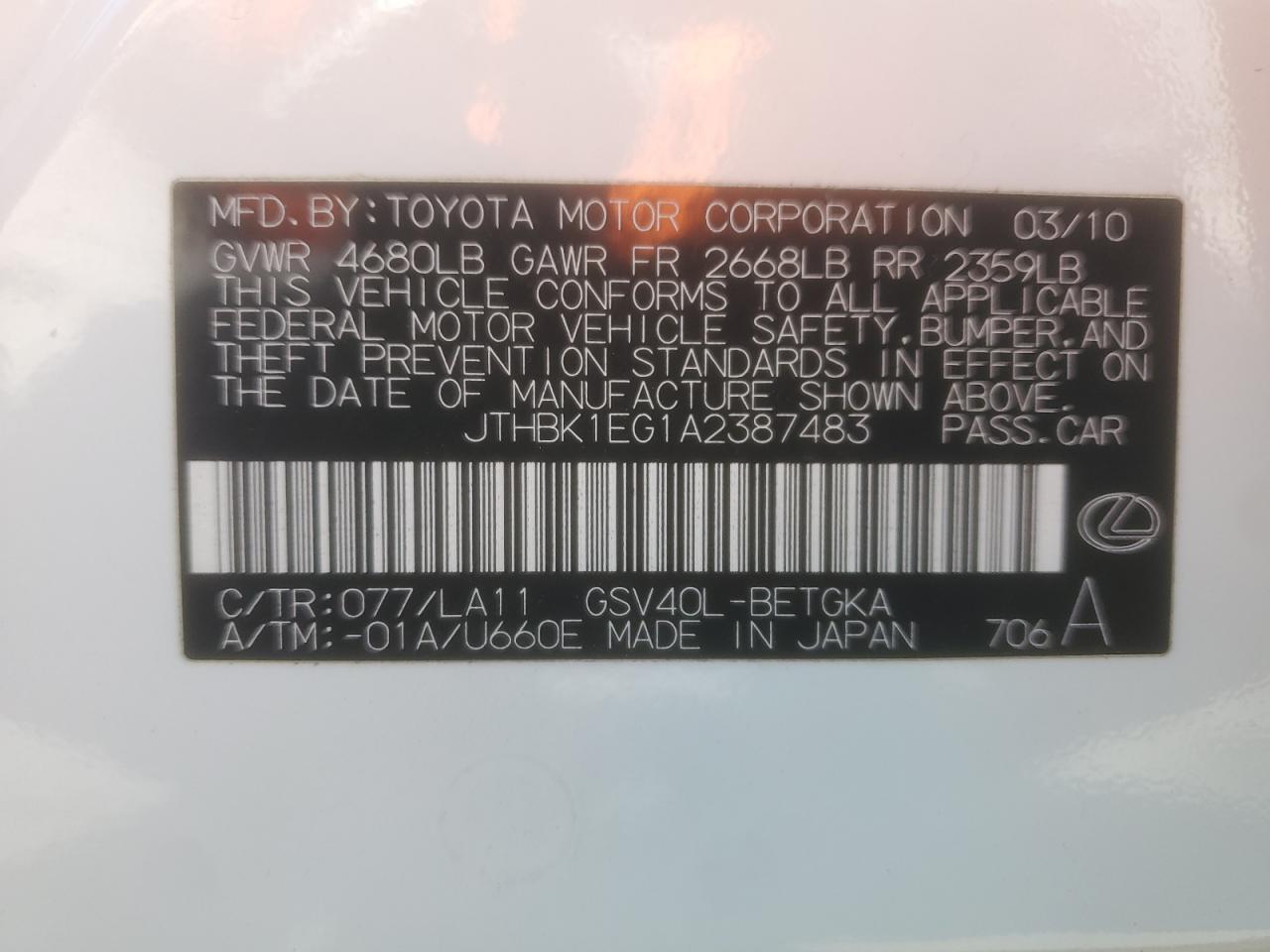 2010 Lexus Es 350 VIN: JTHBK1EG1A2387483 Lot: 80216705