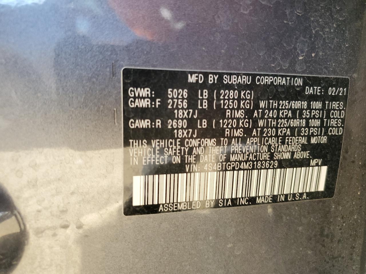 2021 Subaru Outback Touring VIN: 4S4BTGPD4M3183629 Lot: 83959835