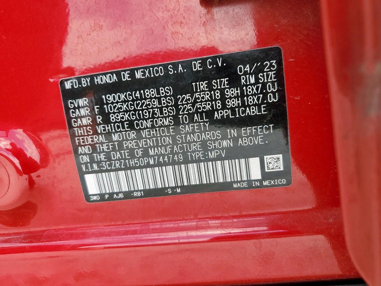 2023 Honda Hr-V Sport VIN: 3CZRZ1H50PM744749 Lot: 80950915