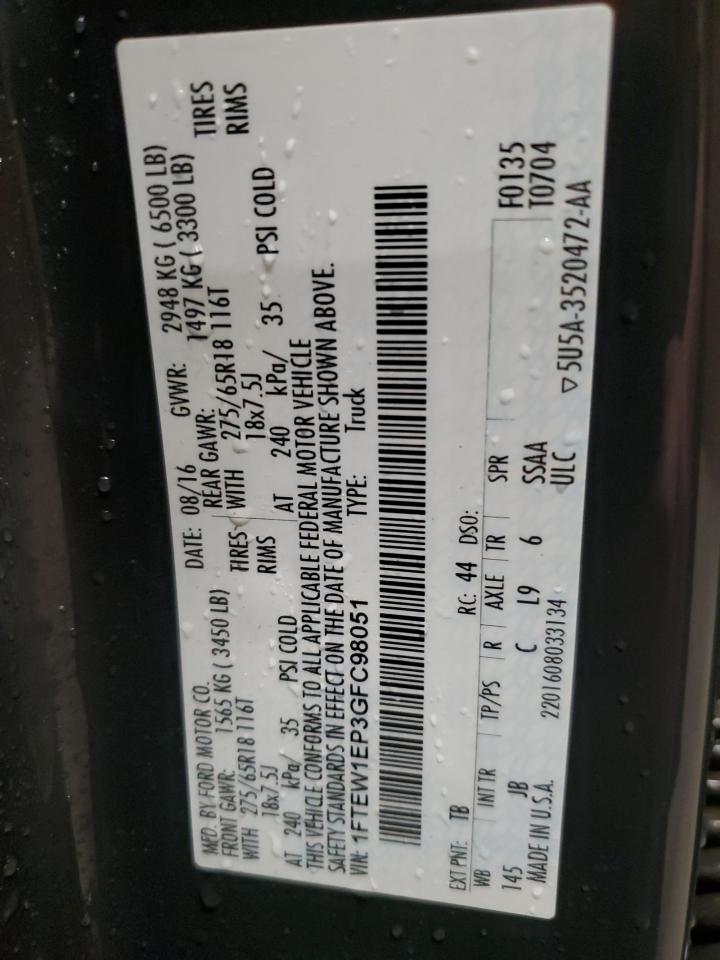 2016 Ford F150 Supercrew VIN: 1FTEW1EP3GFC98051 Lot: 82145795