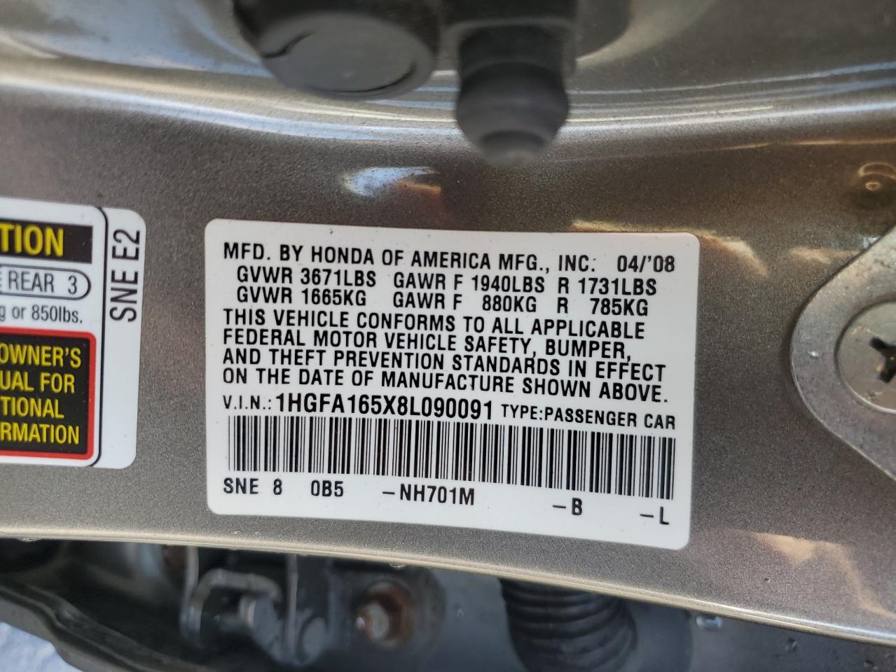 2008 Honda Civic Lx VIN: 1HGFA165X8L090091 Lot: 81244375