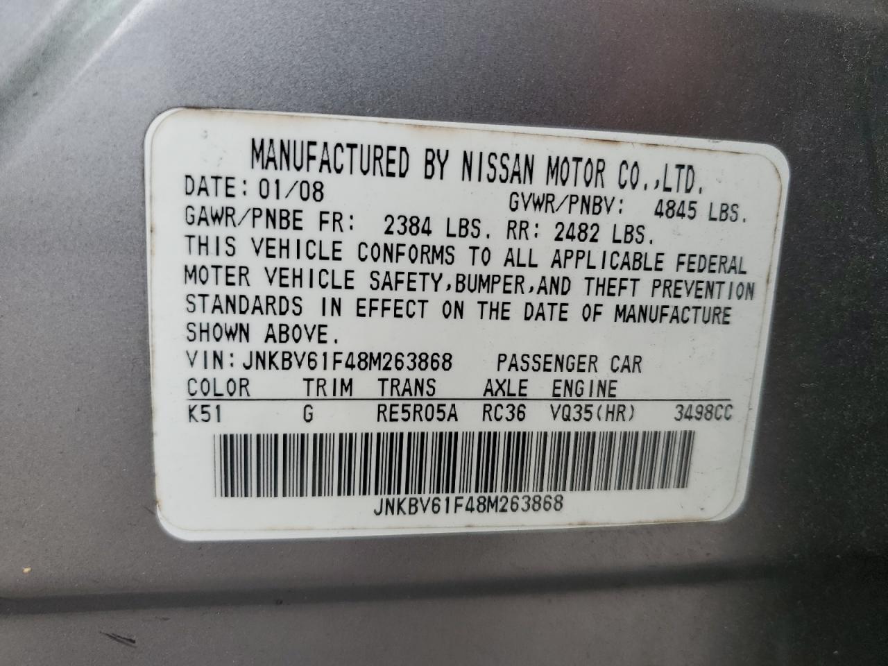 2008 Infiniti G35 VIN: JNKBV61F48M263868 Lot: 71695145