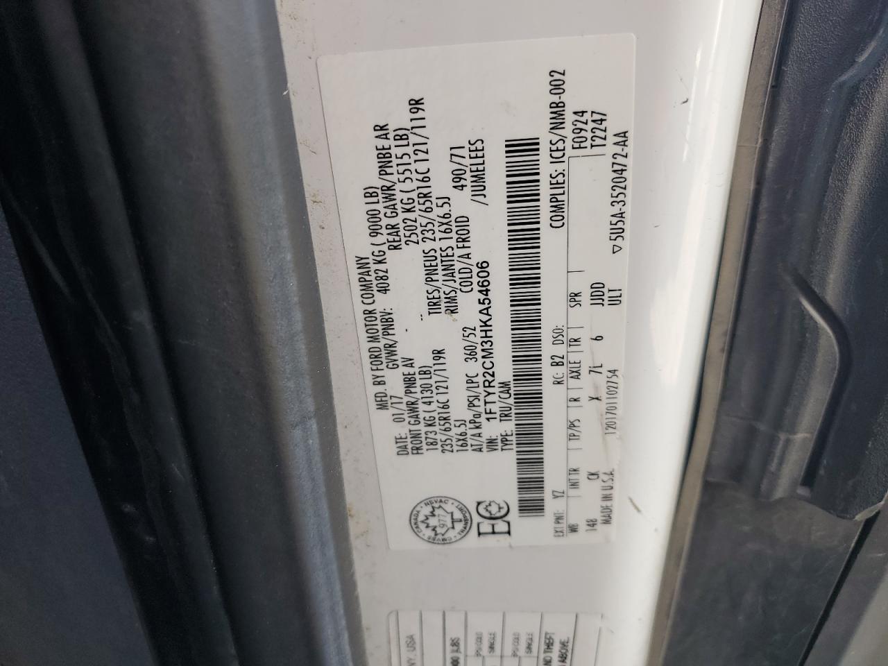 2017 Ford Transit T-250 VIN: 1FTYR2CM3HKA54606 Lot: 84548705