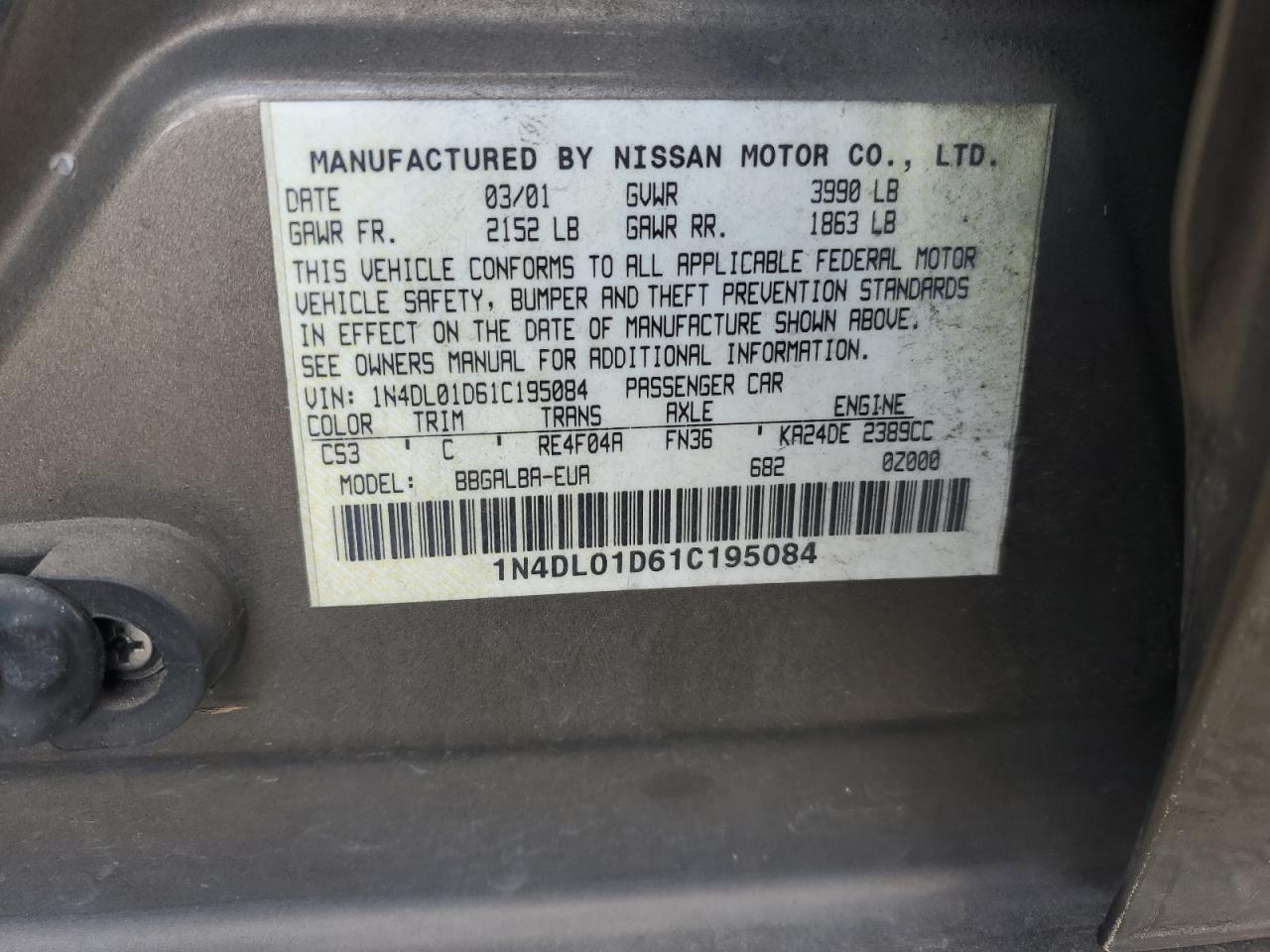 2001 Nissan Altima Xe VIN: 1N4DL01D61C195084 Lot: 71969125