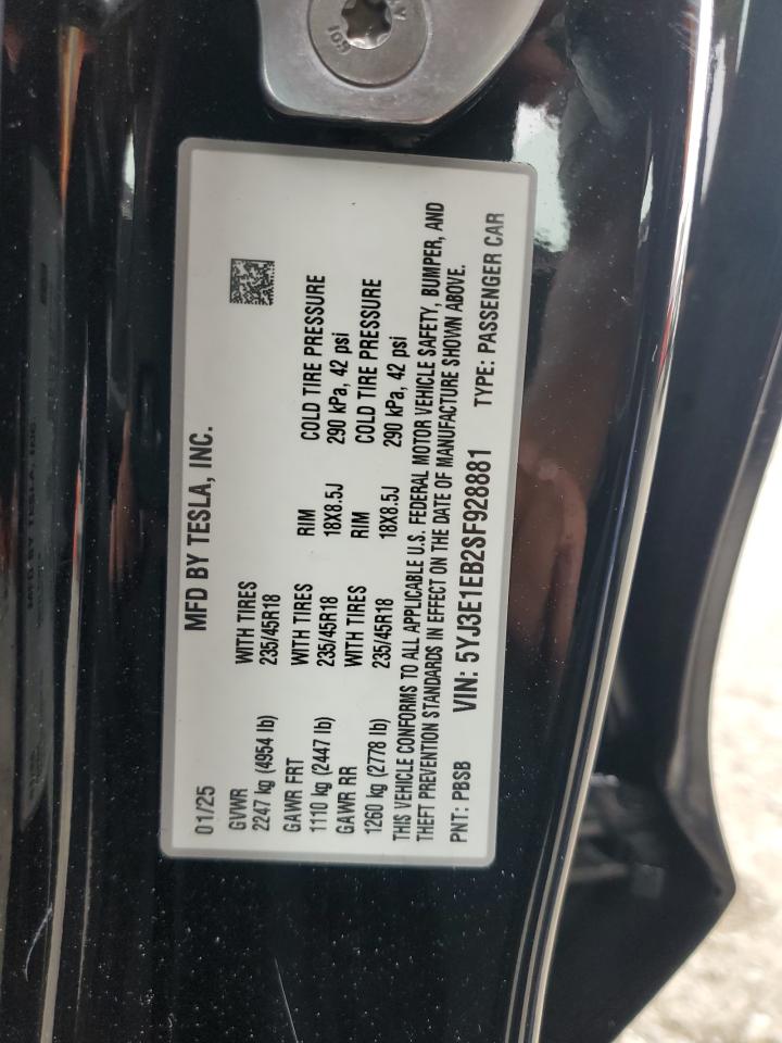 2025 Tesla Model 3 VIN: 5YJ3E1EB2SF928881 Lot: 81563705