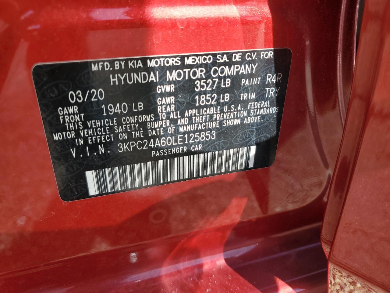 2020 Hyundai Accent Se VIN: 3KPC24A60LE125853 Lot: 82044585