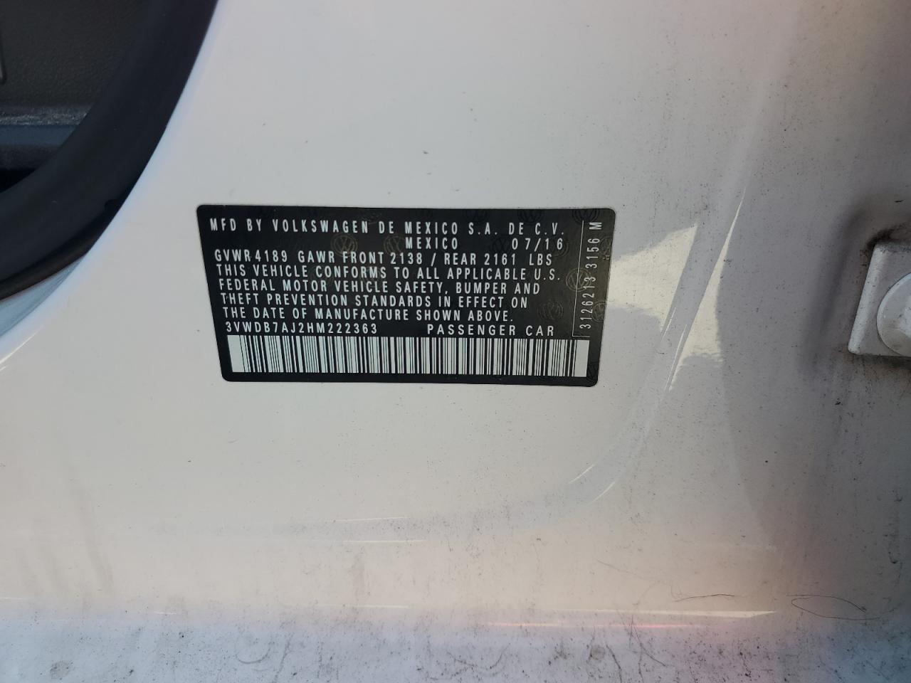 2017 Volkswagen Jetta Se VIN: 3VWDB7AJ2HM222363 Lot: 80073615