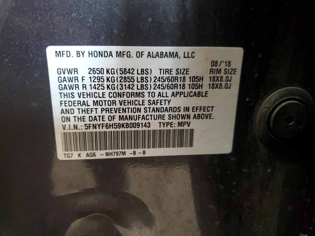 2019 Honda Pilot Exl VIN: 5FNYF6H59KB009143 Lot: 81123835