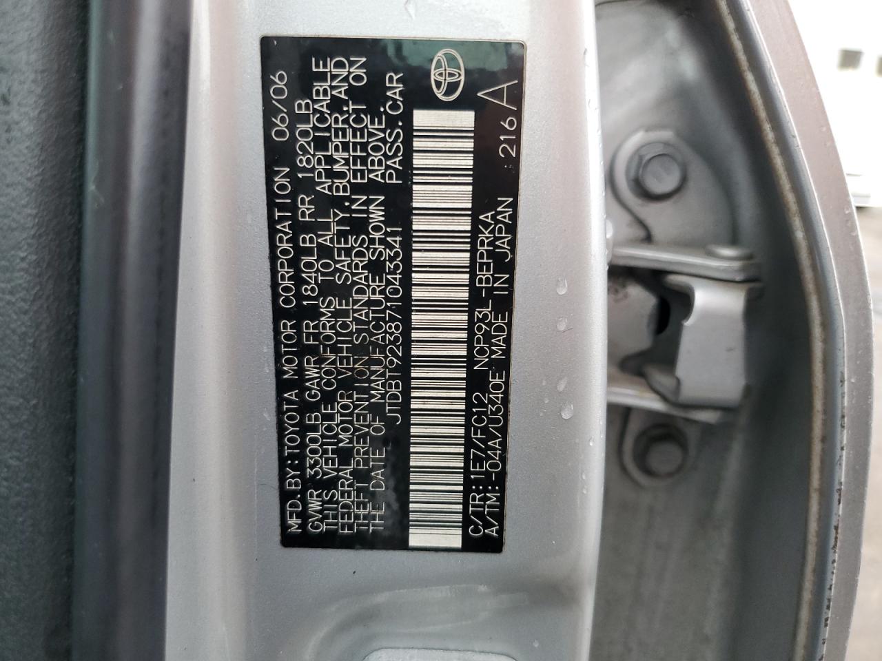 2007 Toyota Yaris VIN: JTDBT923871043341 Lot: 81920525