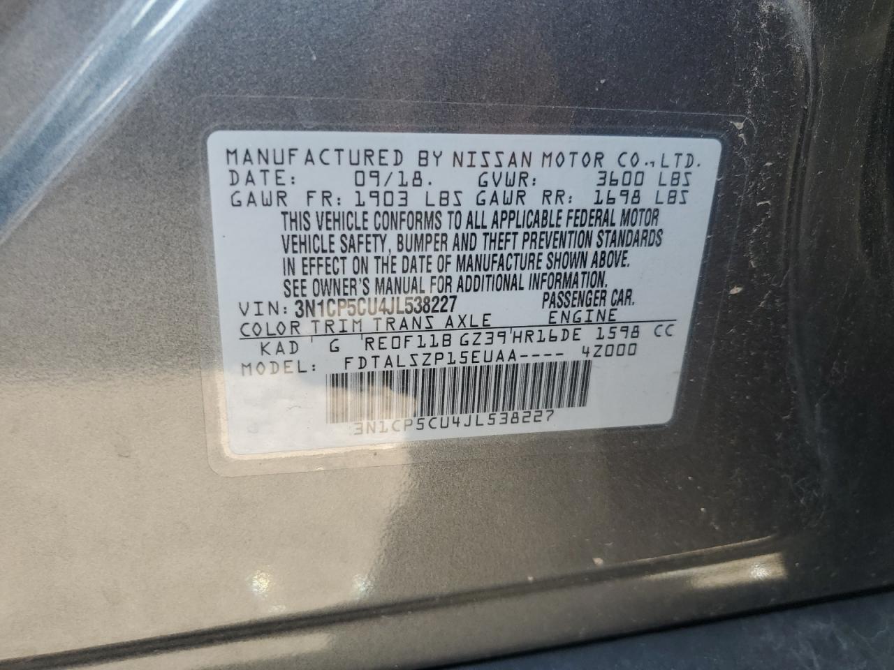 2018 Nissan Kicks S VIN: 3N1CP5CU4JL538227 Lot: 84356805