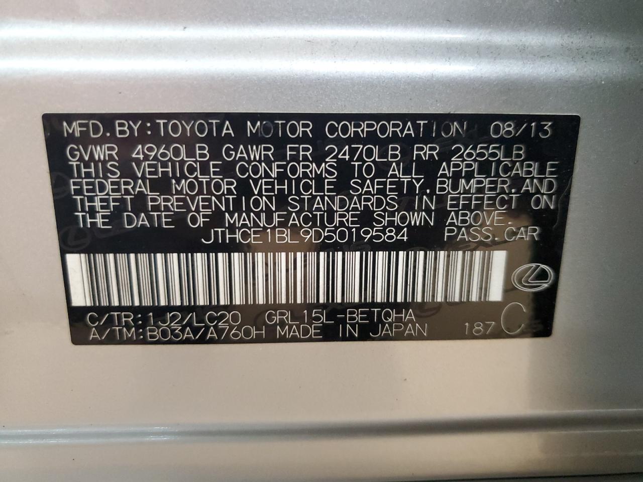 2013 Lexus Gs 350 VIN: JTHCE1BL9D5019584 Lot: 81294135