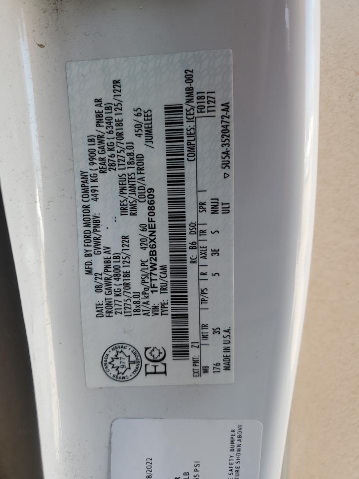 2022 Ford F250 Super Duty VIN: 1FT7W2B6XNEF08609 Lot: 70899275