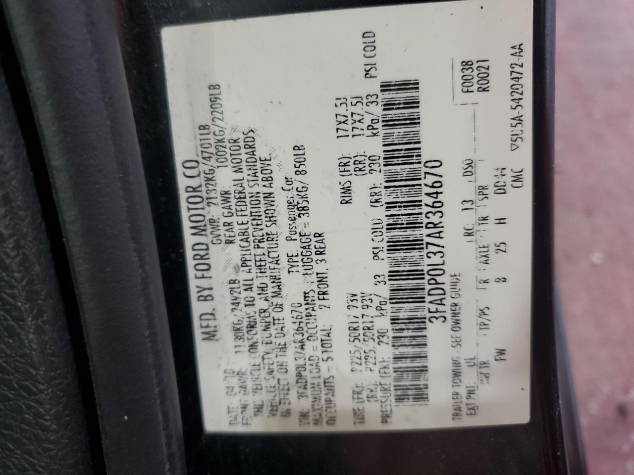 2010 Ford Fusion Hybrid VIN: 3FADP0L37AR364670 Lot: 84788255