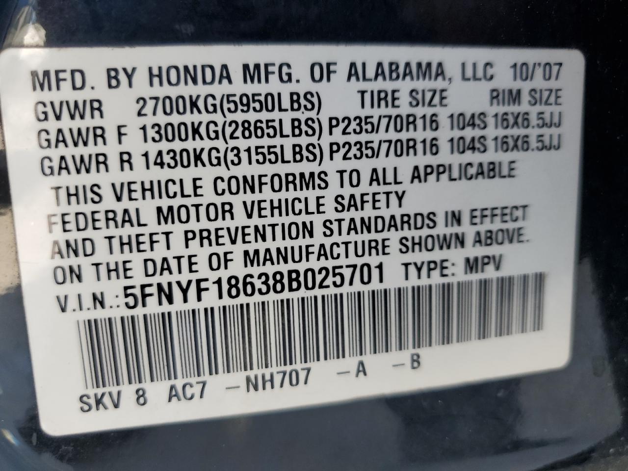 2008 Honda Pilot Exl VIN: 5FNYF18638B025701 Lot: 80104295