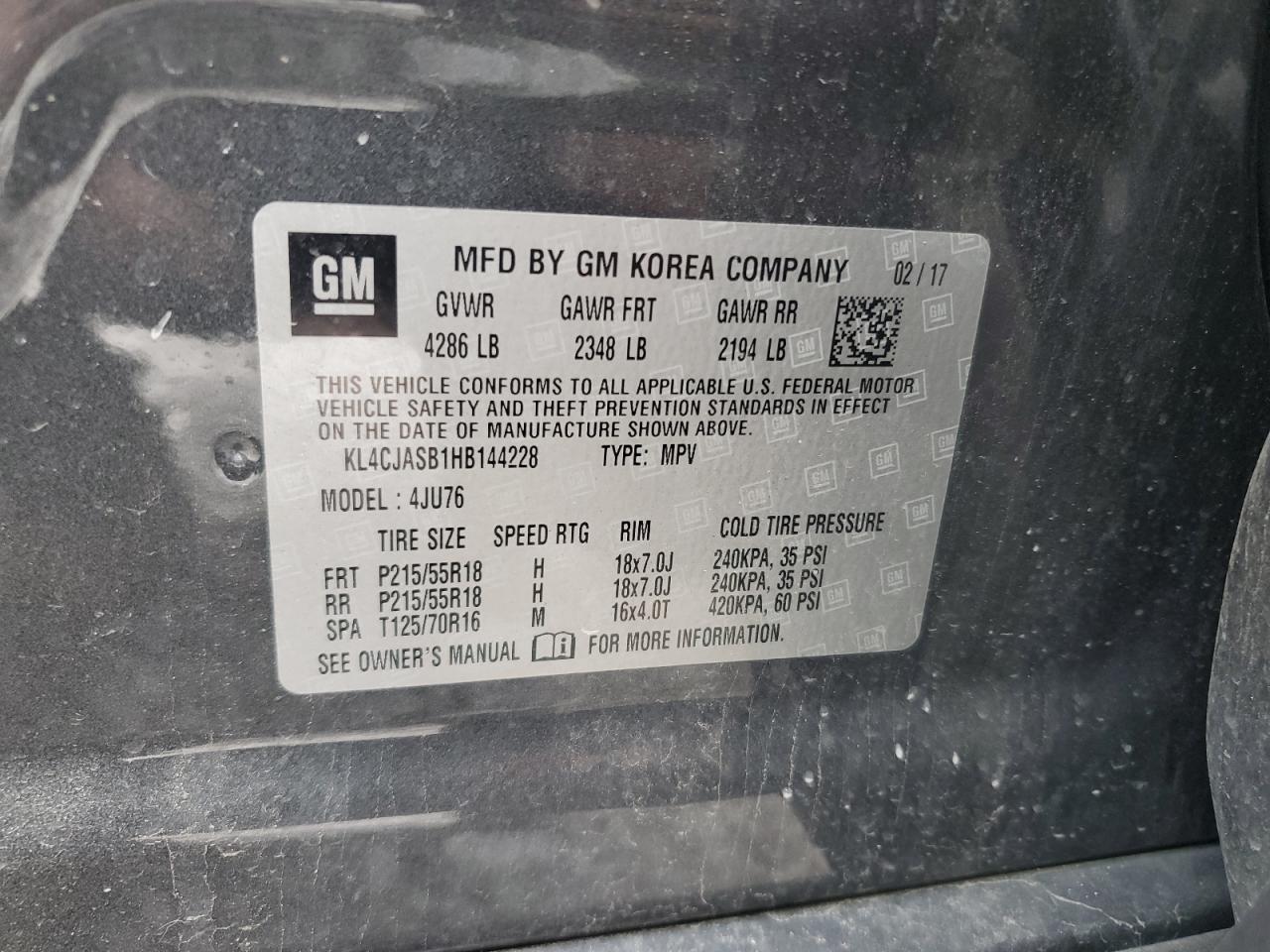 2017 Buick Encore Preferred VIN: KL4CJASB1HB144228 Lot: 81773345