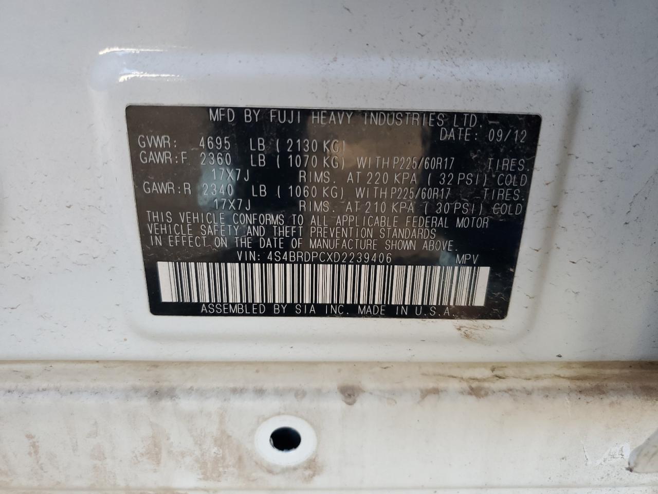 2013 Subaru Outback 3.6R Limited VIN: 4S4BRDPCXD2239406 Lot: 80685635