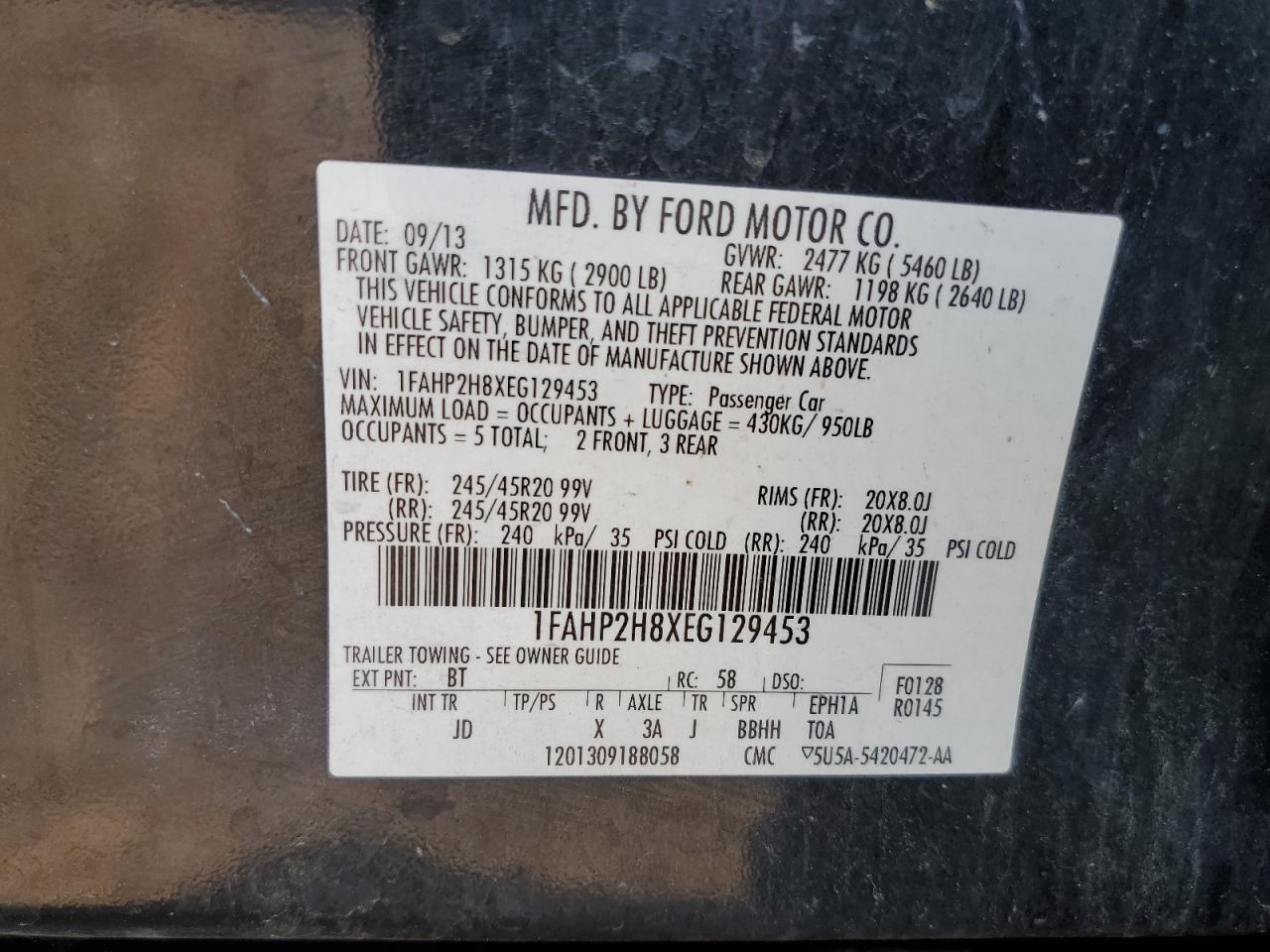 2014 Ford Taurus Sel VIN: 1FAHP2H8XEG129453 Lot: 68226965