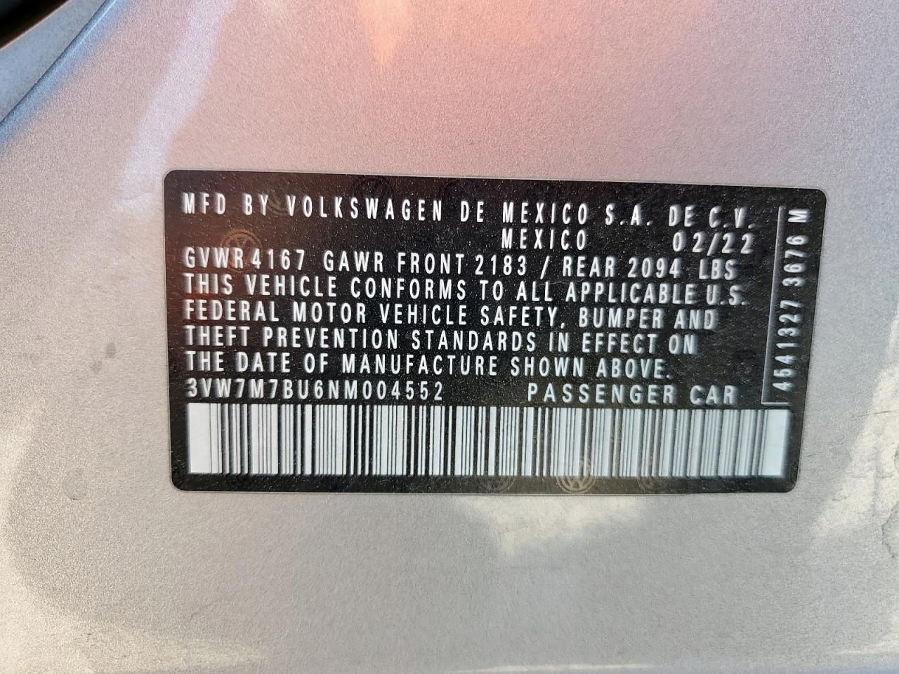 2022 Volkswagen Jetta Se VIN: 3VW7M7BU6NM004552 Lot: 81946275