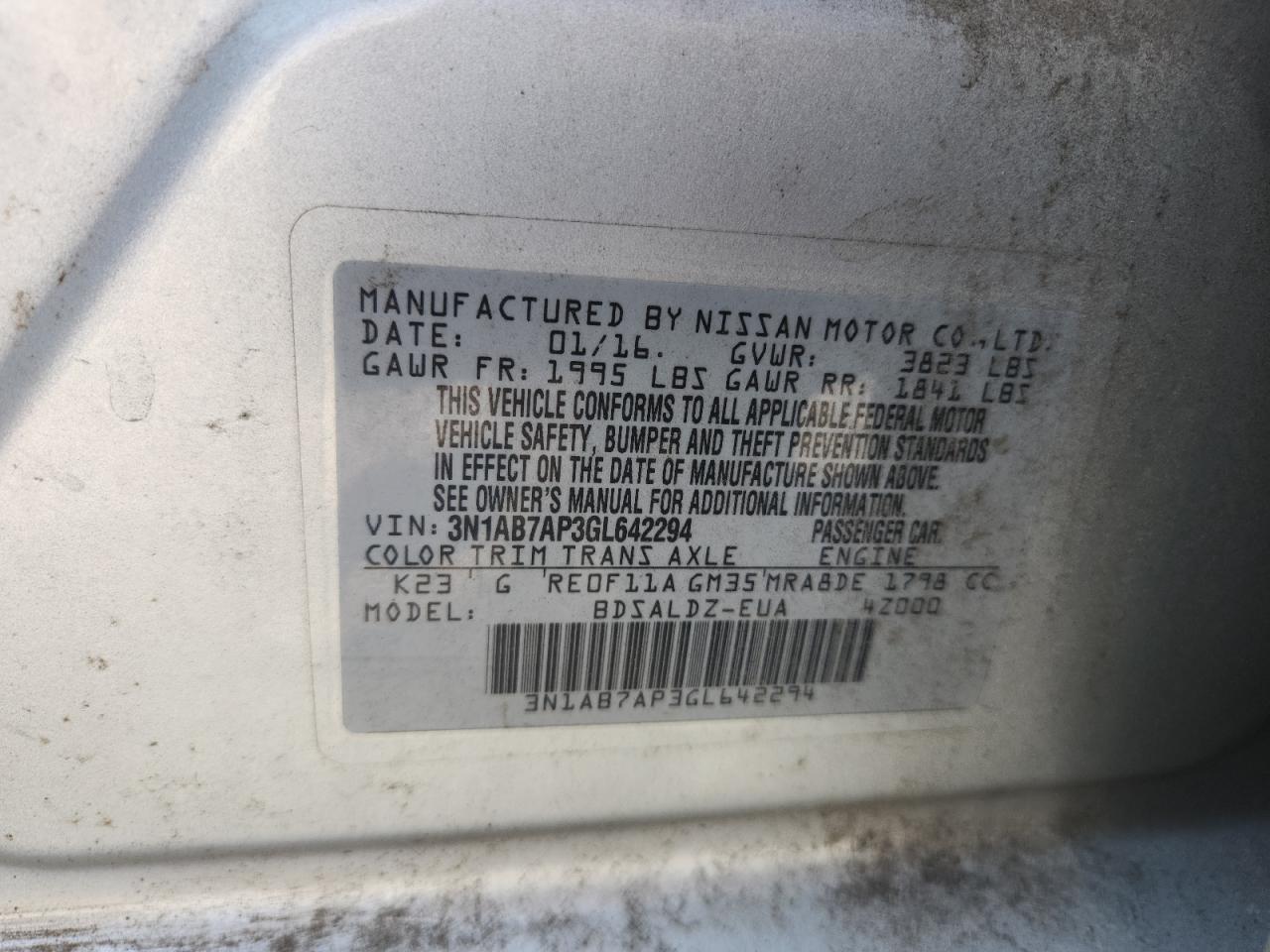 2016 Nissan Sentra S VIN: 3N1AB7AP3GL642294 Lot: 80704785