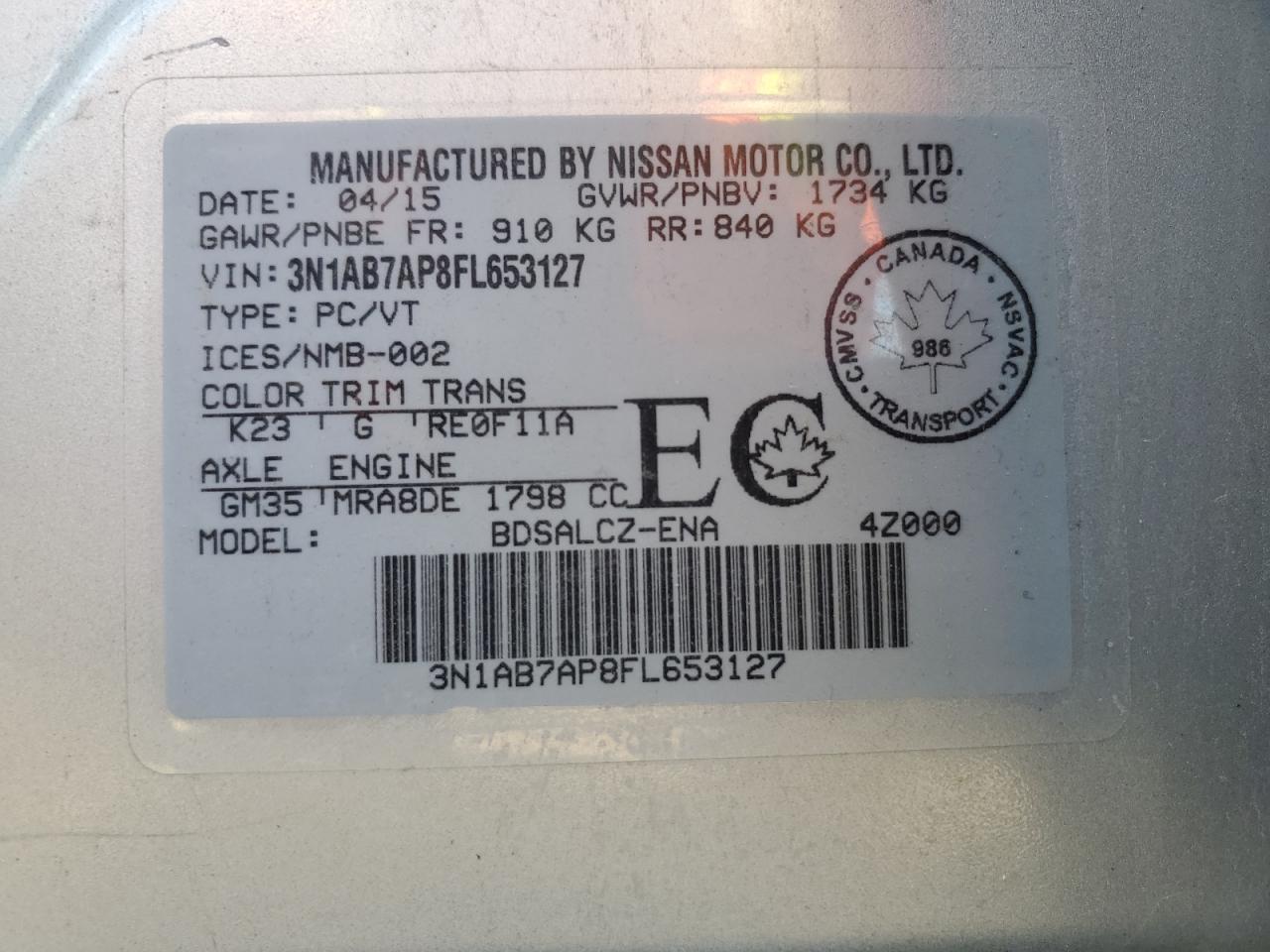 2015 Nissan Sentra S VIN: 3N1AB7AP8FL653127 Lot: 72027865