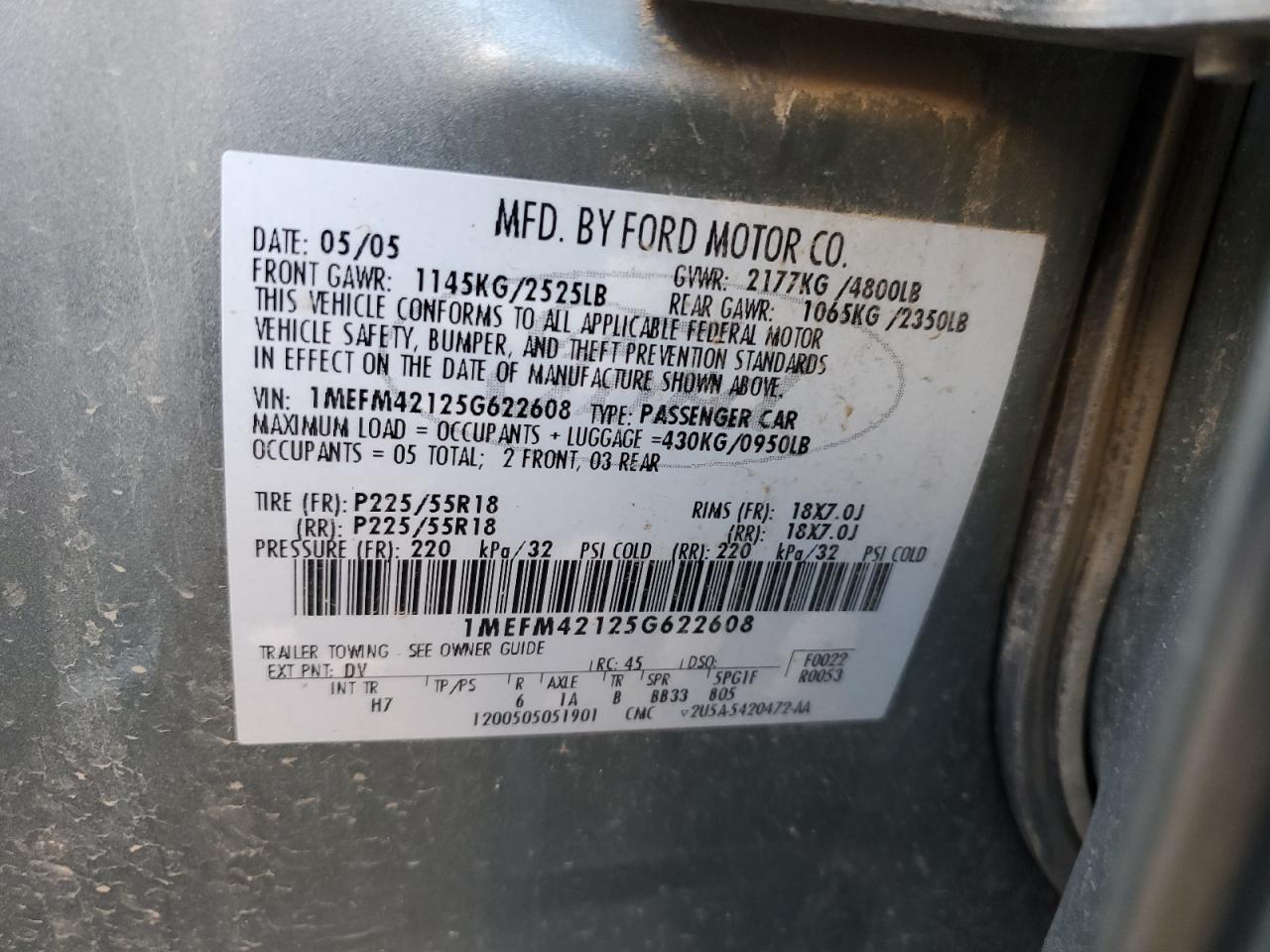 2005 Mercury Montego Premier VIN: 1MEFM42125G622608 Lot: 81278955