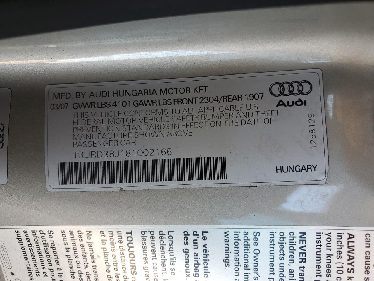 2008 Audi Tt 3.2 Quattro VIN: TRURD38J181002166 Lot: 83992935