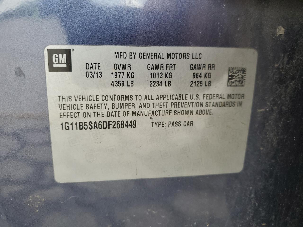2013 Chevrolet Malibu Ls VIN: 1G11B5SA6DF268449 Lot: 81650395