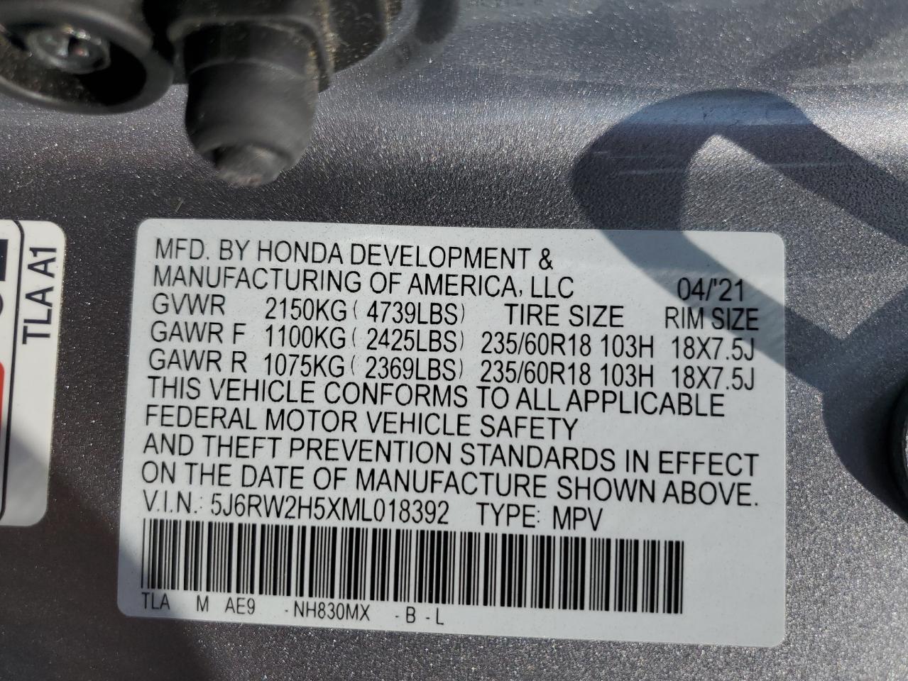 2021 Honda Cr-V Ex VIN: 5J6RW2H5XML018392 Lot: 80345935