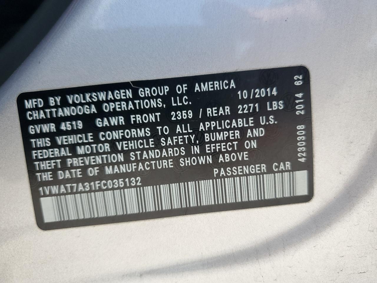 2015 Volkswagen Passat S VIN: 1VWAT7A31FC035132 Lot: 80710095