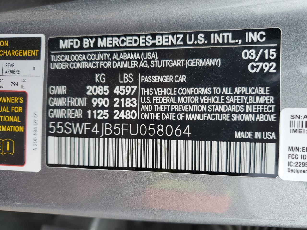 2015 Mercedes-Benz C 300 VIN: 55SWF4JB5FU058064 Lot: 71721405