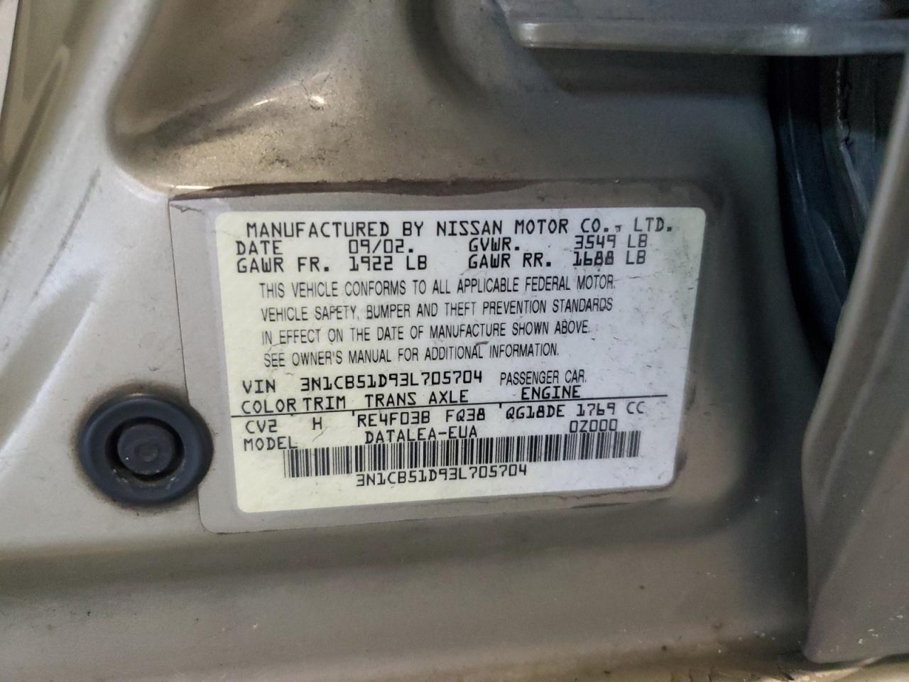 2003 Nissan Sentra Xe VIN: 3N1CB51D93L705704 Lot: 83938915