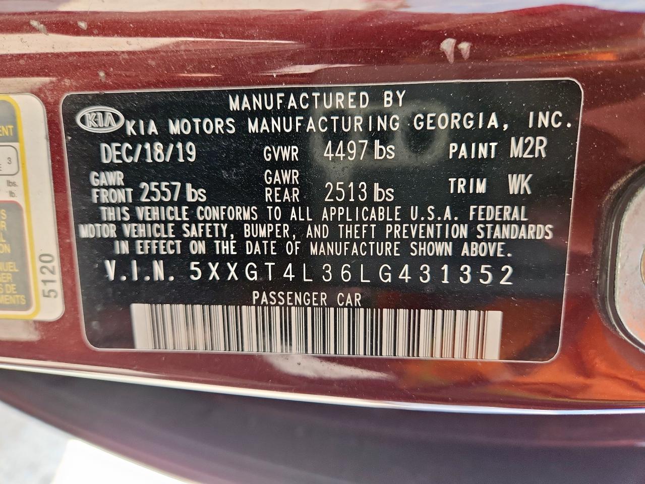 2020 Kia Optima Lx VIN: 5XXGT4L36LG431352 Lot: 81325515