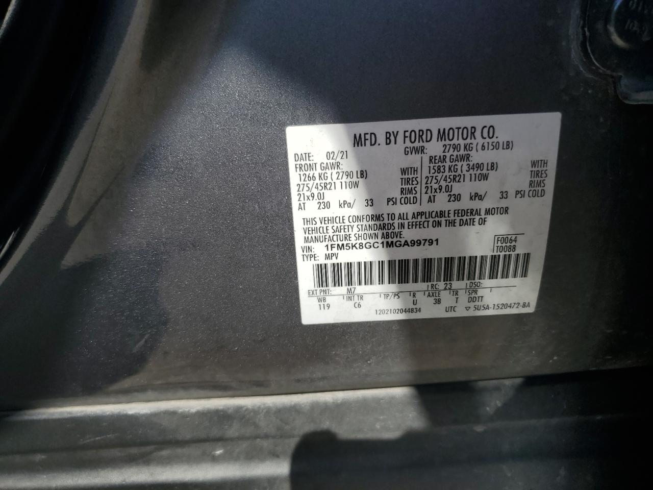 2021 Ford Explorer St VIN: 1FM5K8GC1MGA99791 Lot: 72010185