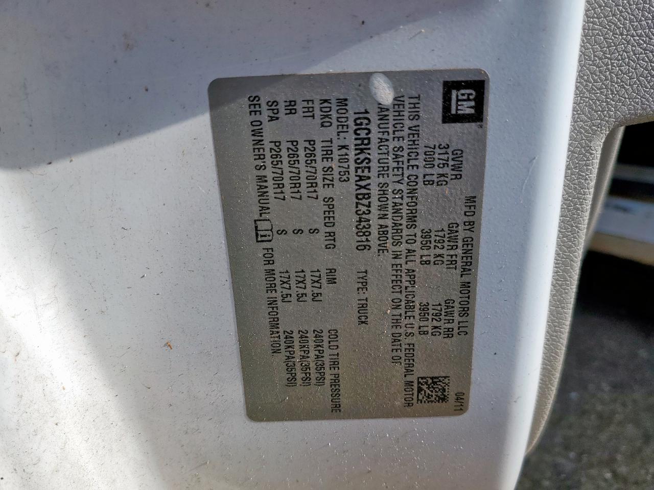 2011 Chevrolet Silverado K1500 Lt VIN: 1GCRKSEAXBZ343816 Lot: 84039455