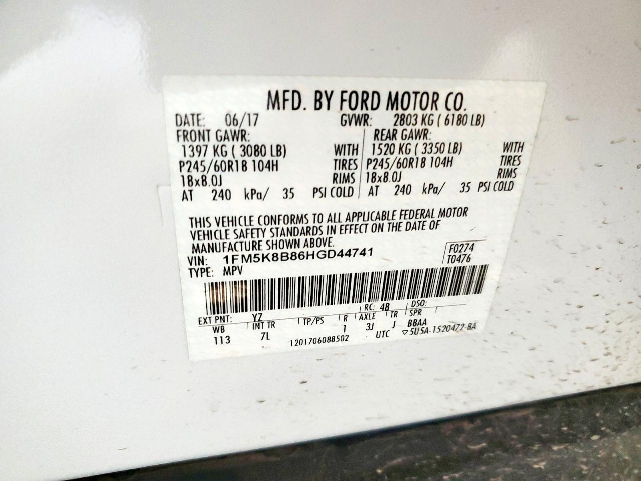 2017 Ford Explorer VIN: 1FM5K8B86HGD44741 Lot: 82131785