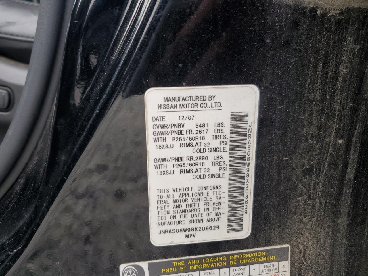 2008 Infiniti Fx35 VIN: JNRAS08W98X208629 Lot: 82131275