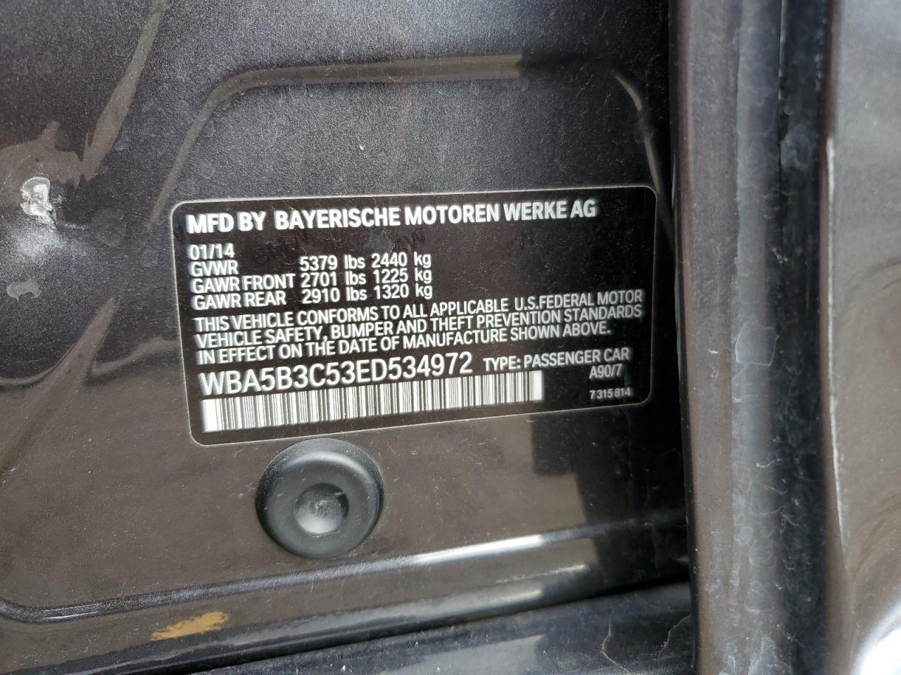 2014 BMW 535 Xi VIN: WBA5B3C53ED534972 Lot: 83848455