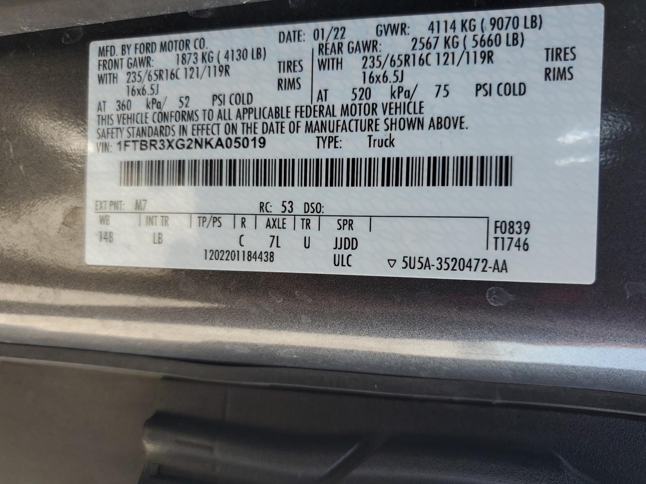 2022 Ford Transit T-250 VIN: 1FTBR3XG2NKA05019 Lot: 84794975