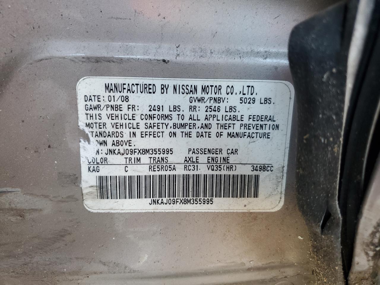 2008 Infiniti Ex35 Base VIN: JNKAJ09FX8M355995 Lot: 81862455