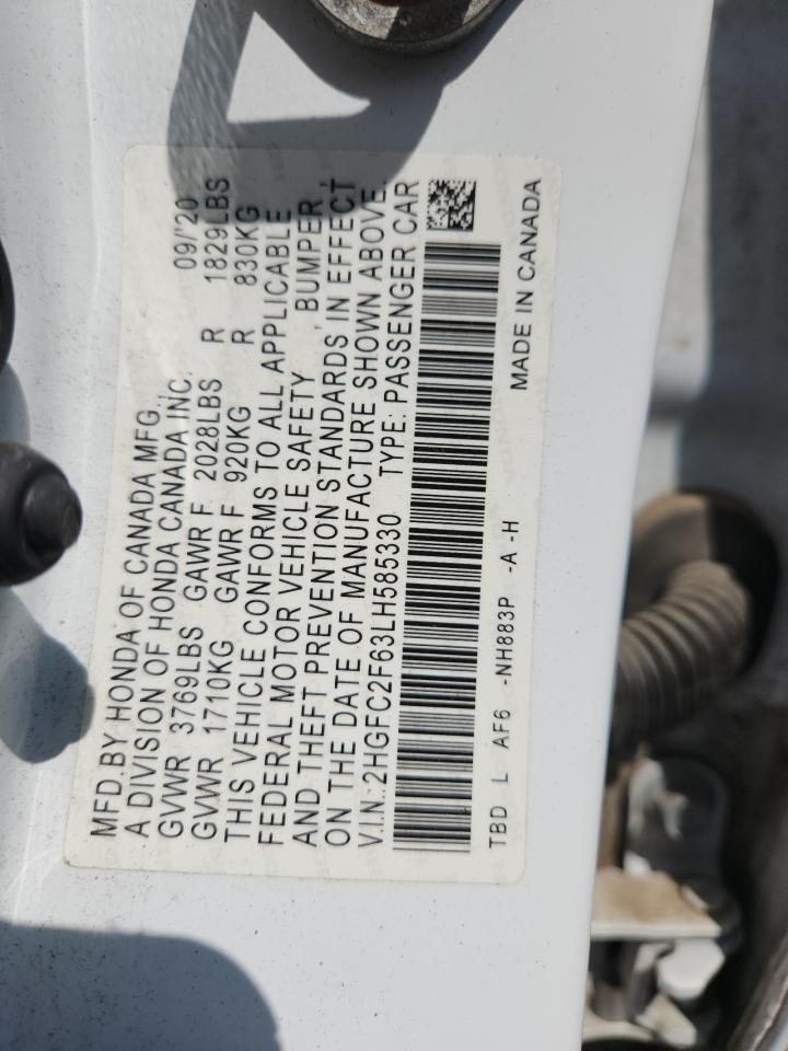 2020 Honda Civic Lx VIN: 2HGFC2F63LH585330 Lot: 80556365