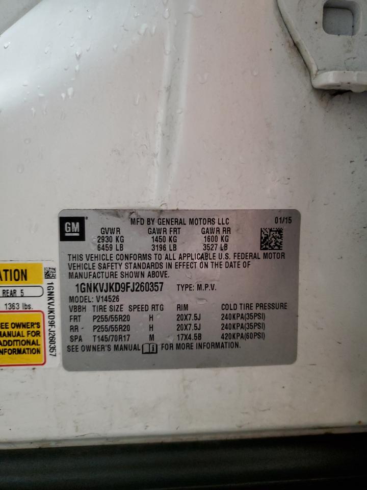 2015 Chevrolet Traverse Ltz VIN: 1GNKVJKD9FJ260357 Lot: 70860125