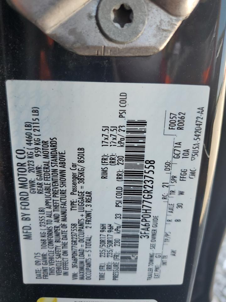 2016 Ford Fusion Se VIN: 3FA6P0H77GR237558 Lot: 71639265
