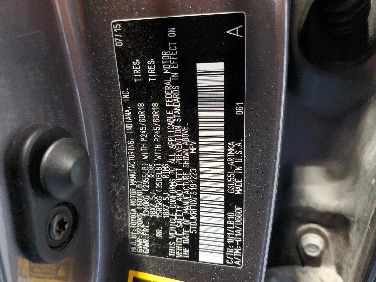 2015 Toyota Highlander Xle VIN: 5TDJKRFHXFS191223 Lot: 83973255