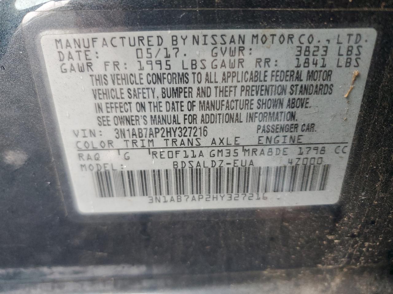 2017 Nissan Sentra S VIN: 3N1AB7AP2HY327216 Lot: 81831565