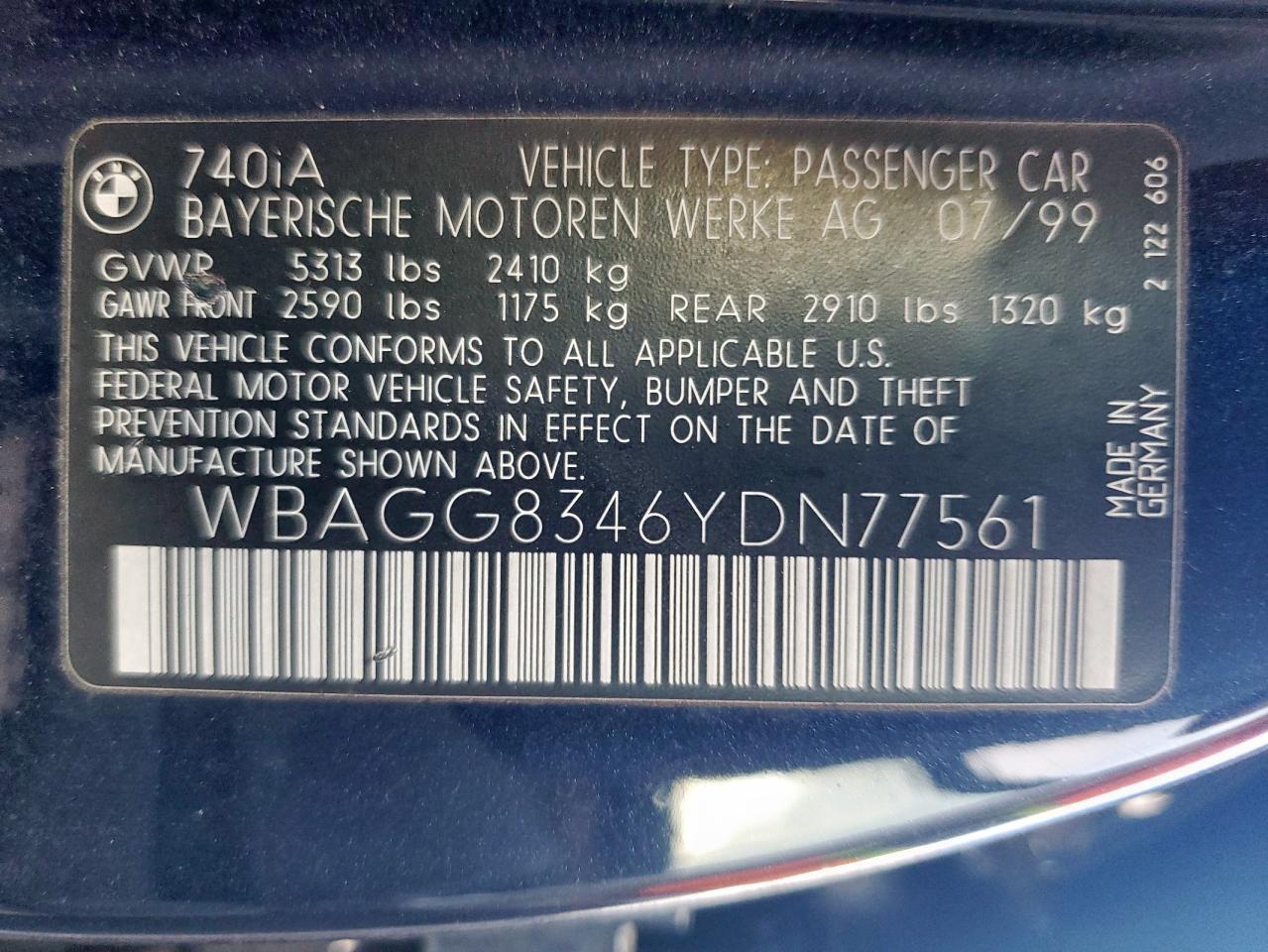 2000 BMW 740 I Automatic VIN: WBAGG8346YDN77561 Lot: 82043495