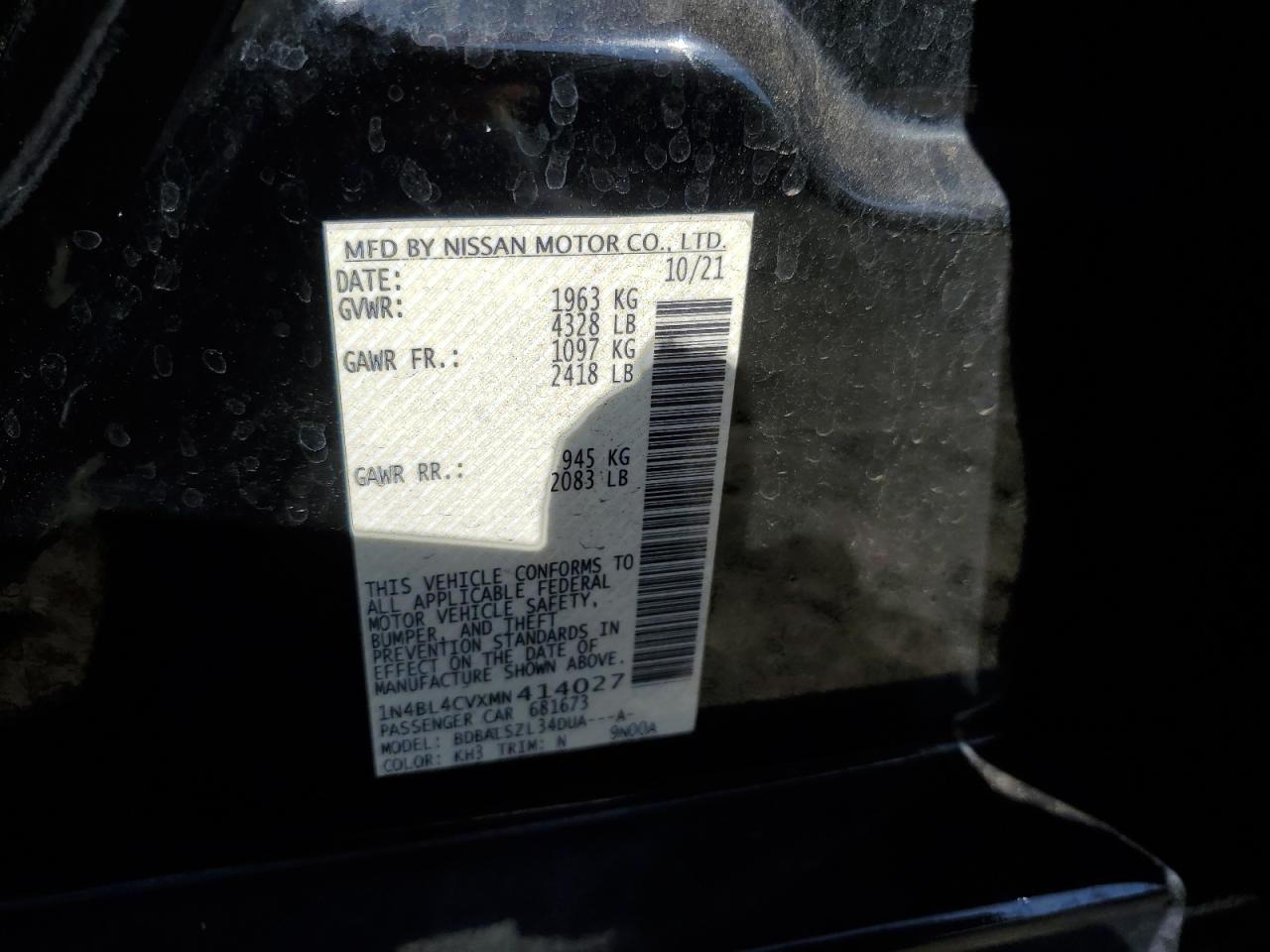 2021 Nissan Altima Sr VIN: 1N4BL4CVXMN414027 Lot: 81947575