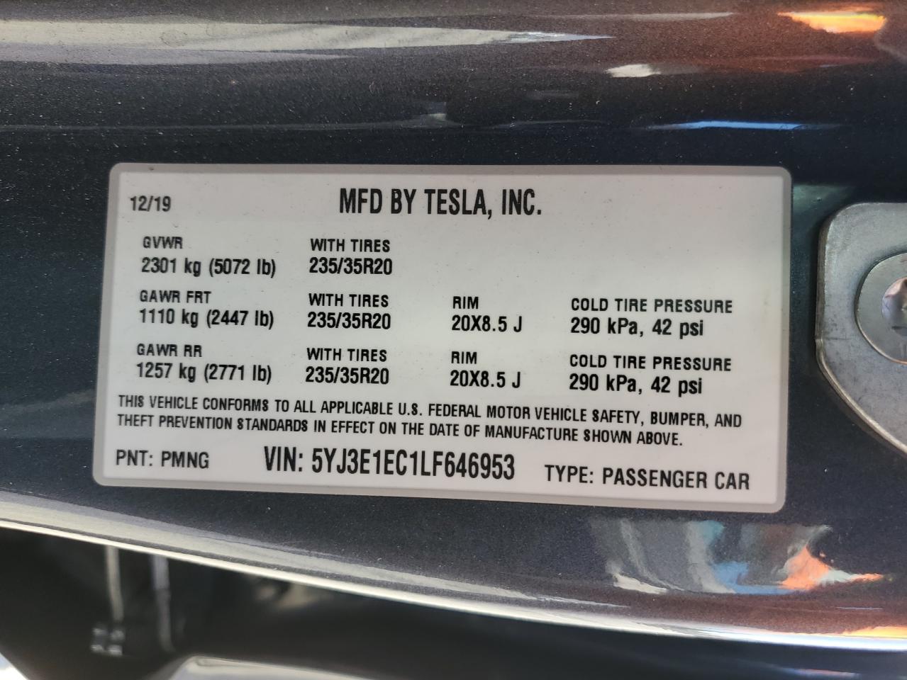 2020 Tesla Model 3 VIN: 5YJ3E1EC1LF646953 Lot: 80742245