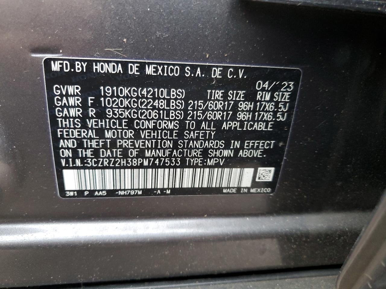 2023 Honda Hr-V Lx VIN: 3CZRZ2H38PM747533 Lot: 80858875