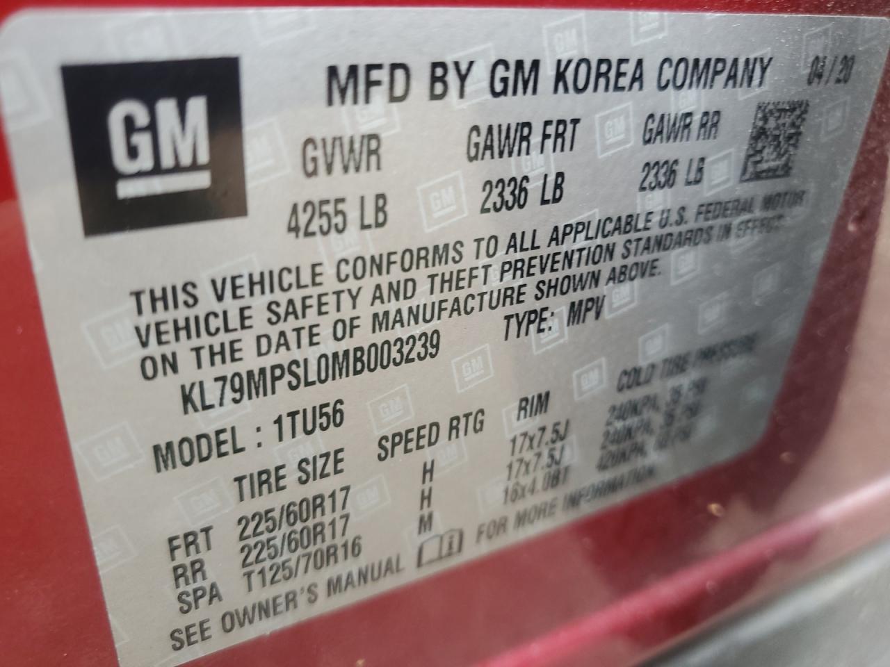 2021 Chevrolet Trailblazer Lt VIN: KL79MPSL0MB003239 Lot: 83854015